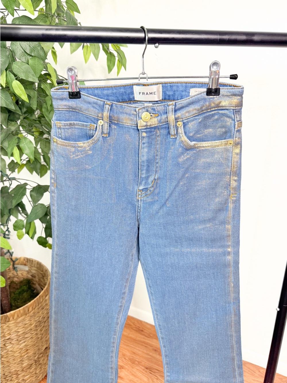 FRAME Le Crop Mini Boot Jeans Women’s Size 26 Light Wash Gold Hologram Metallic - Picture 5 of 13